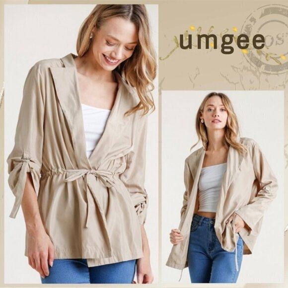 NWT Umgee Drawstring Waist Jacket w/Tabbed Roll-Up Sleeves Khaki Size Me… - Picture 1 of 12